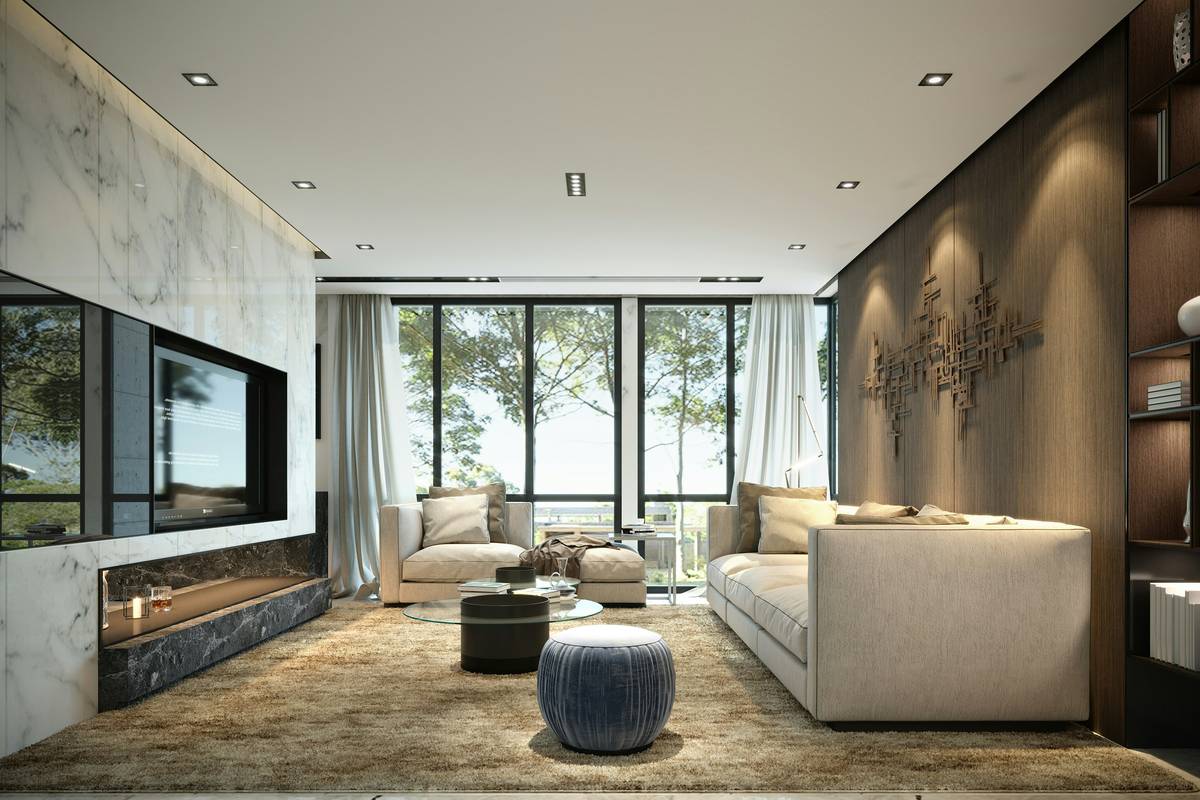 A modern living room featuring smart furniture controlled by a single remote.