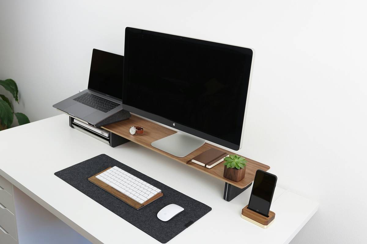 Before-and-after photo of office setup featuring smart furniture
